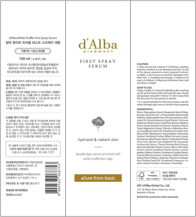 D'Alba Italian White Truffle First Spray Serum, Vegan Skincare, Hydrating Facial Mist for Dry and Sensitive Skin, Glow Mist, Surfactant Free, Multifunctional Spray