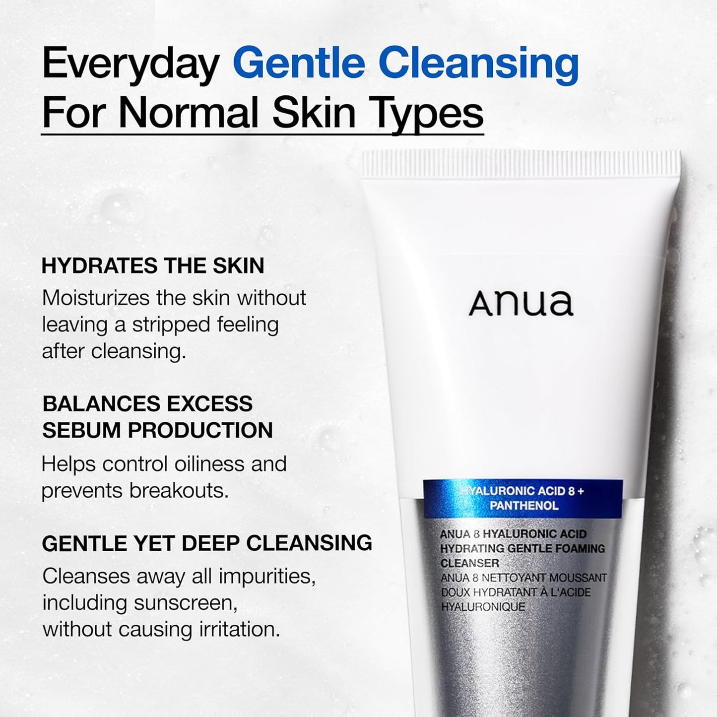 Hydrating Gentle Foaming Cleanser, Hyaluronic Acid, Glycerin, Zinc PCA, Panthenol, Korean Face Wash for Dry Skin, for Double Cleansing, Korean Skincare, 150Ml/5.07Fl Oz.
