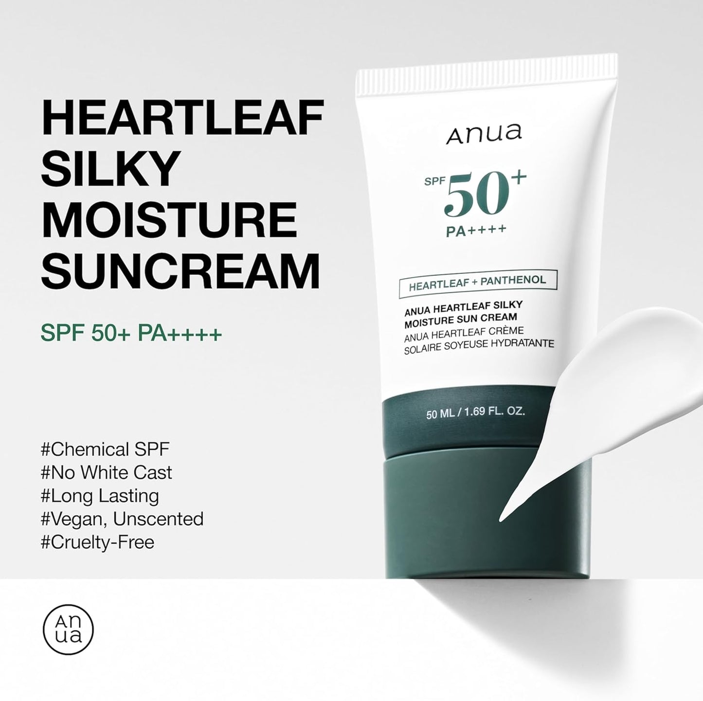 Heartleaf Silky Moisture Sun Cream SPF 50 PA++++, Korean Sunscreen, Face Sunscreen, Niacinamide, Fragrance Free, Travel Essentials, Low White Cast, 50Ml /1.69Fl.Oz