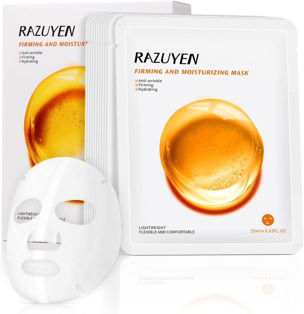 Firming Face Sheet Masks with Hyaluronic Acid and Peptides, anti Wrinkle, Moisturising & Hydrating Face Mask, Set of 10, Sheet Face Mask Skincare
