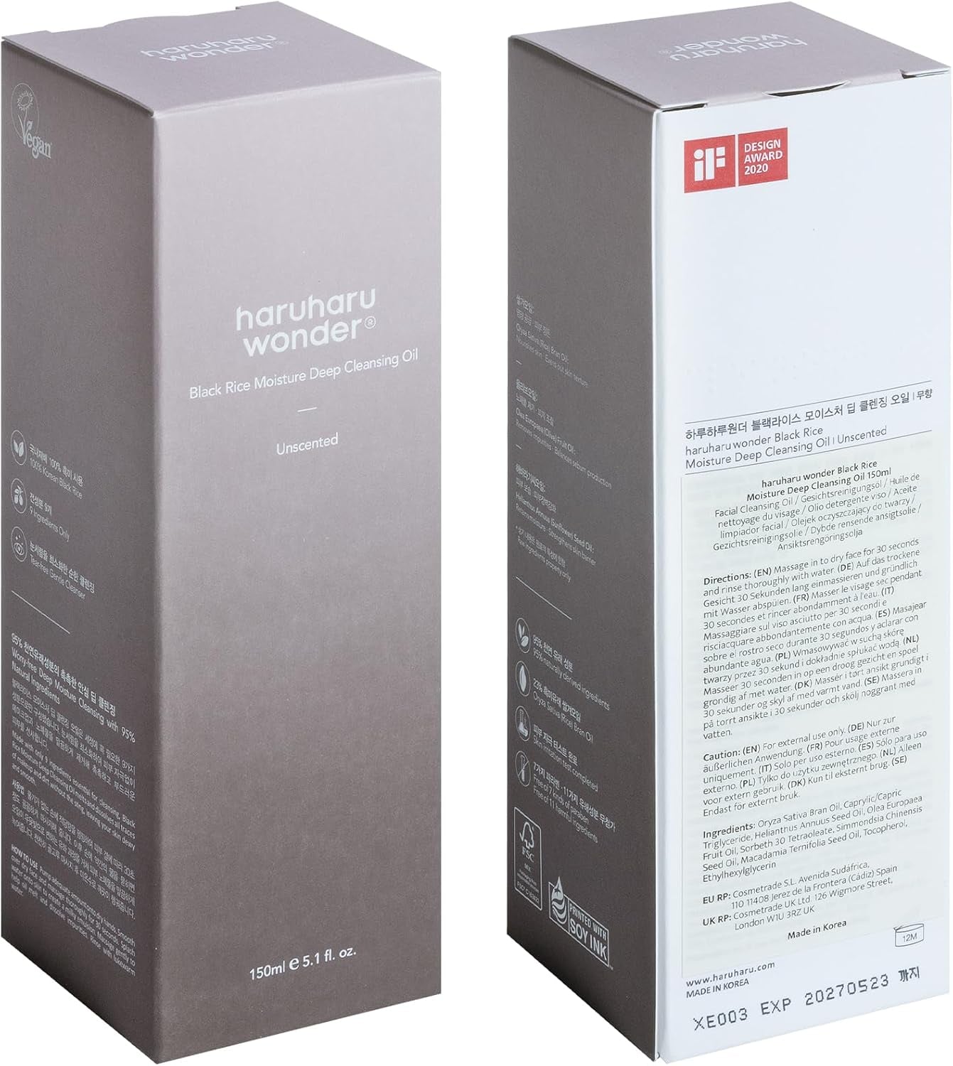 Wonder Black Rice Moisture Deep Cleansing Oil 150Ml, Korean Facial Cleanser, Makeup Remover, Vegan, Cruelty Free