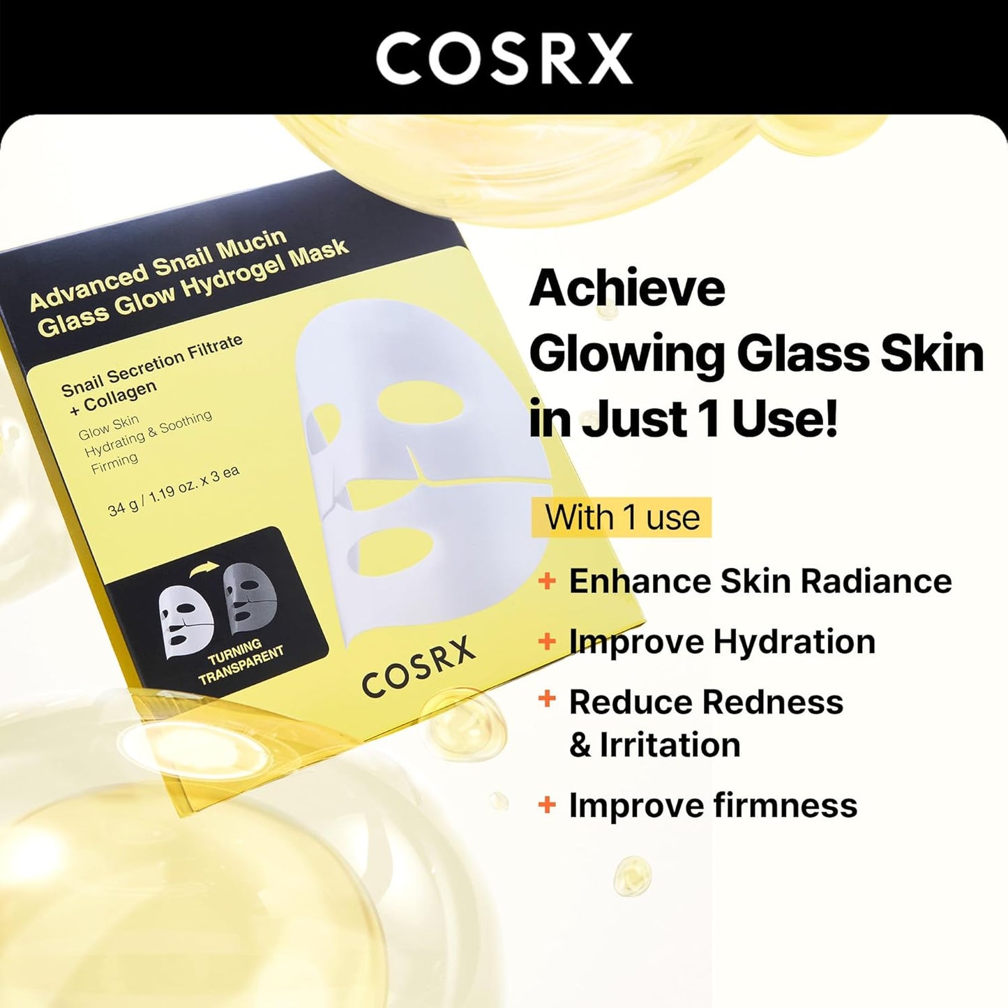 Advanced Snail Mucin Glass Glow Hydrogel Face Masks Skincare, Collagen Face Mask, Overnight Peel off Korean Face Mask for Hydration Boost, Glass Skin Face Mask Korean Skincare, Pack of 3