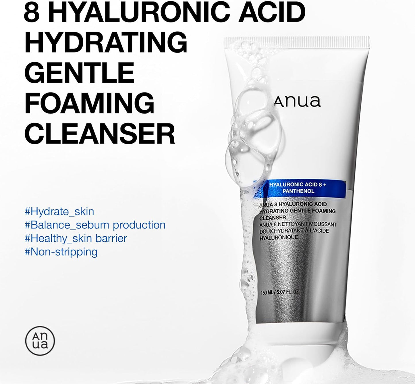 Hydrating Gentle Foaming Cleanser, Hyaluronic Acid, Glycerin, Zinc PCA, Panthenol, Korean Face Wash for Dry Skin, for Double Cleansing, Korean Skincare, 150Ml/5.07Fl Oz.