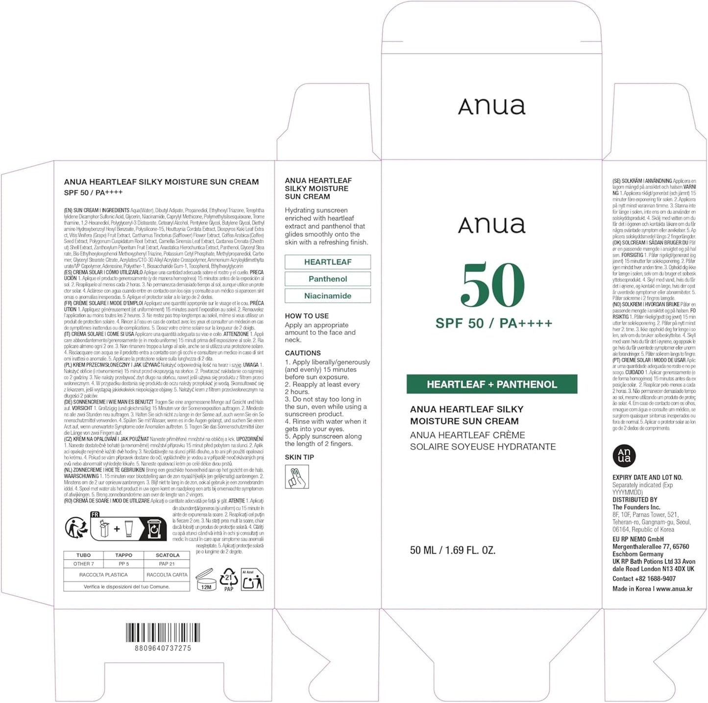 Heartleaf Silky Moisture Sun Cream SPF 50 PA++++, Korean Sunscreen, Face Sunscreen, Niacinamide, Fragrance Free, Travel Essentials, Low White Cast, 50Ml /1.69Fl.Oz