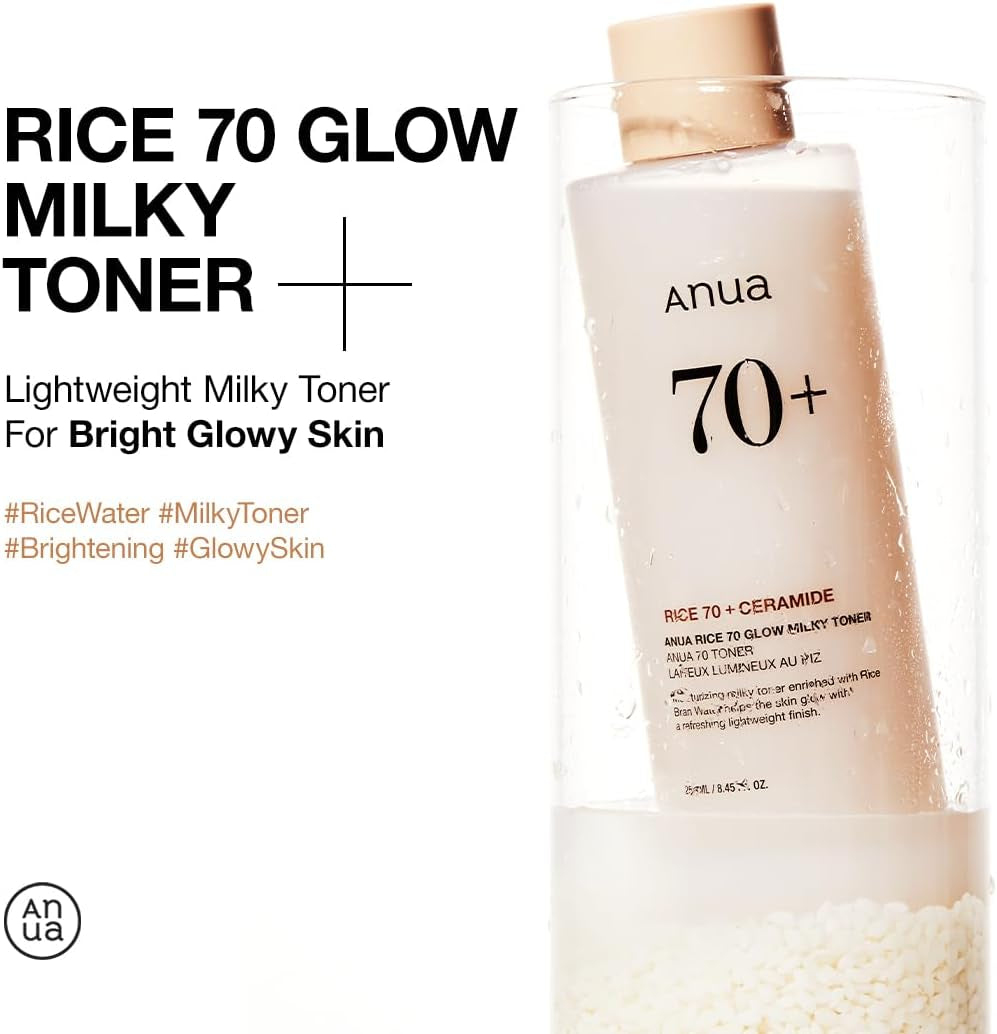 Rice 70 Glow Milky Toner, for Glass Skin, Rice Water, Niacinamide, Ceramides, Panthenol, Non Comedogenic, Fungal Acne Safe, Korean Skin Care, 250Ml/8.45Fl.Oz.
