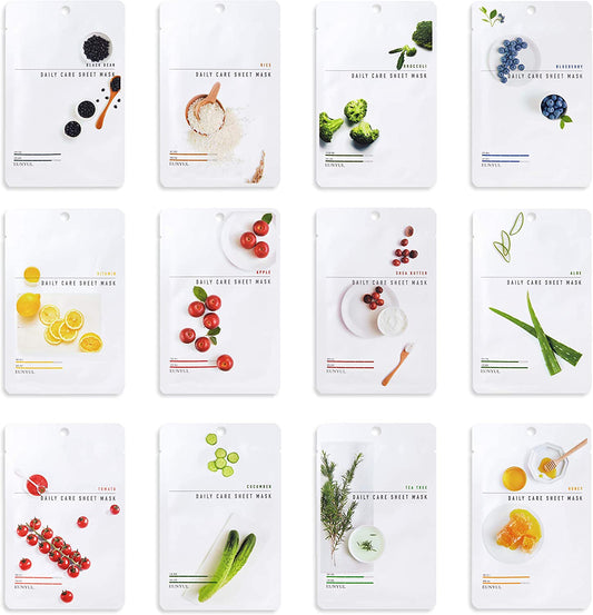 [Pack of 12] Daily Care Face Sheet Mask Pack 12 Types Korean Skincare Hydrating & Nourishing Face Masks Beauty