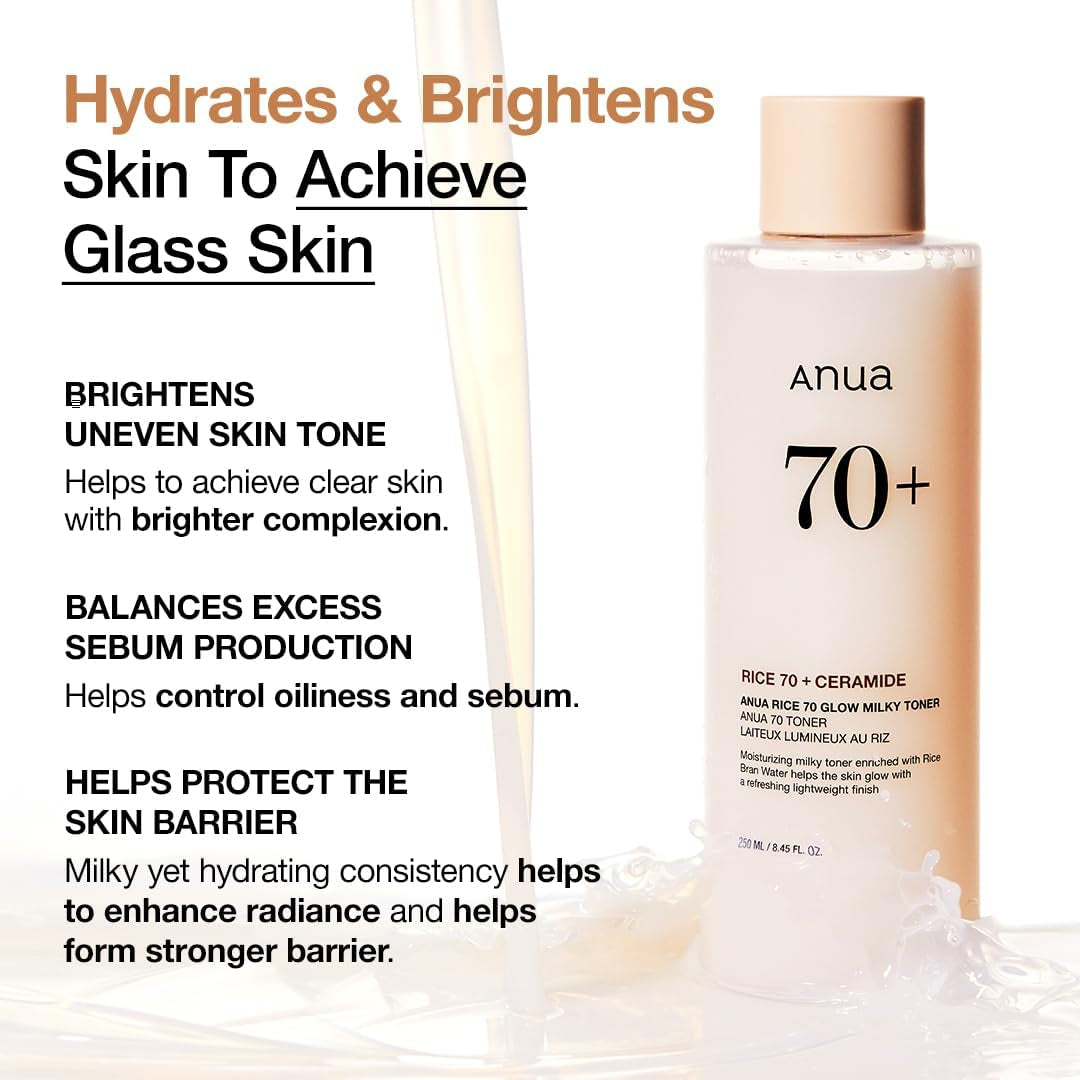 Rice 70 Glow Milky Toner, for Glass Skin, Rice Water, Niacinamide, Ceramides, Panthenol, Non Comedogenic, Fungal Acne Safe, Korean Skin Care, 250Ml/8.45Fl.Oz.