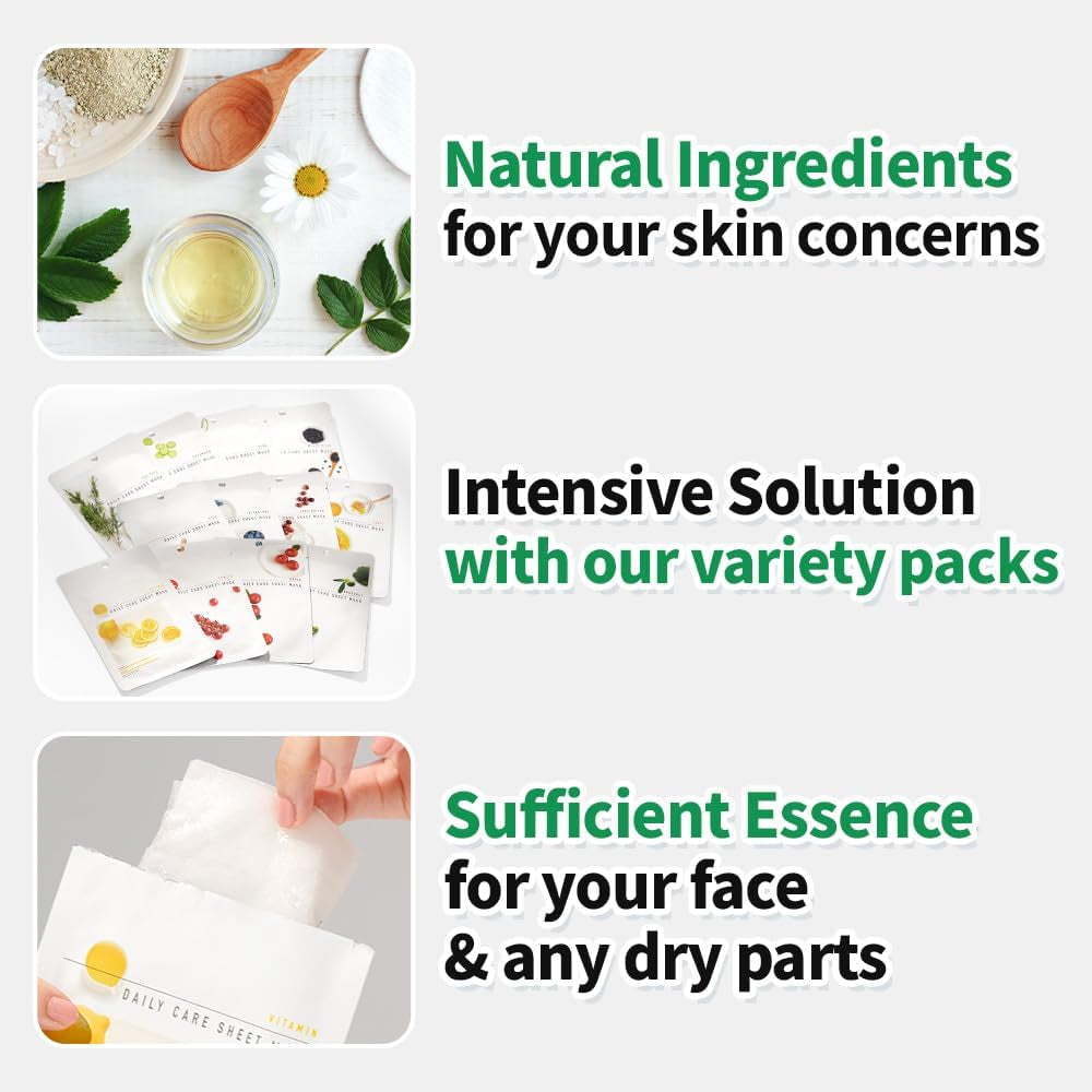 [Pack of 12] Daily Care Face Sheet Mask Pack 12 Types Korean Skincare Hydrating & Nourishing Face Masks Beauty