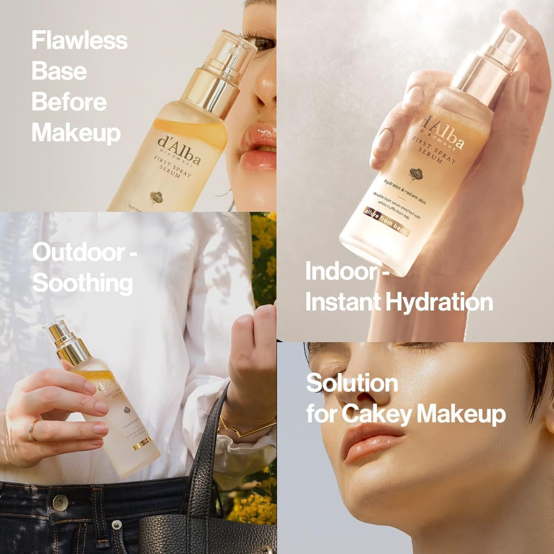 D'Alba Italian White Truffle First Spray Serum, Vegan Skincare, Hydrating Facial Mist for Dry and Sensitive Skin, Glow Mist, Surfactant Free, Multifunctional Spray