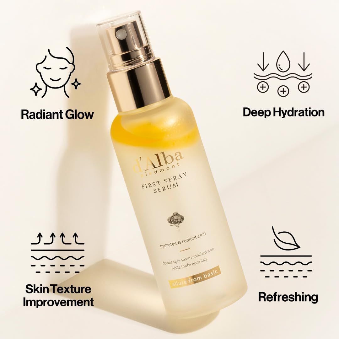 D'Alba Italian White Truffle First Spray Serum, Vegan Skincare, Hydrating Facial Mist for Dry and Sensitive Skin, Glow Mist, Surfactant Free, Multifunctional Spray