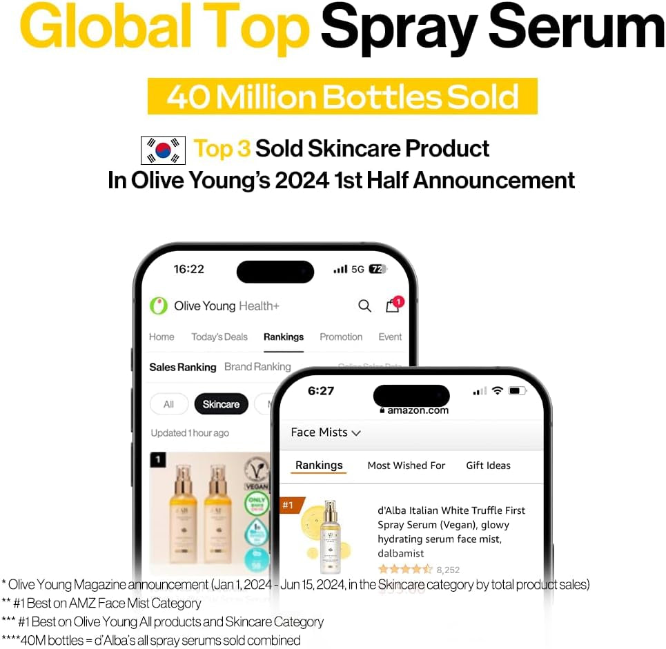 D'Alba Italian White Truffle First Spray Serum, Vegan Skincare, Hydrating Facial Mist for Dry and Sensitive Skin, Glow Mist, Surfactant Free, Multifunctional Spray